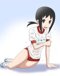  black_eyes black_hair blush buruma goriate gym_uniform kaga_ai mole nervous ponytail sayonara_zetsubou_sensei short_hair solo 