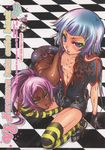  bleach blue_hair blush breasts cover cover_page dark_skin doujinshi eyeshadow flat_chest gloves high_heels highres makeup multiple_girls open_clothes open_shirt platform_footwear ponytail purple_hair rating ribs shihouin_yoruichi shirt shoes small_breasts striped sui-feng thighhighs 