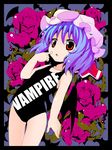  :o bad_id bad_pixiv_id bat bat_wings black_swimsuit blue_hair chibi clothes_writing finger_to_face flower hat highres kashipam003 one-piece_swimsuit plant red_eyes red_flower red_rose remilia_scarlet rose short_hair solo swimsuit touhou vines wings 