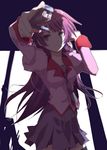  bakemonogatari blue_eyes cha_(mika) long_hair necktie purple_hair school_uniform senjougahara_hitagi skirt stapler 