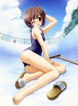  amatsume_akira antenna_hair barefoot blush broom brown_hair cloud day empty_pool feet fisheye flat_chest hand_behind_head hashimoto_takashi highres legs looking_back one-piece_swimsuit one_eye_closed open_mouth pool sandals scan school_swimsuit shoes short_hair single_shoe sitting sky solo starting_block swimsuit toes wet yokozuwari yosuga_no_sora 