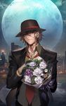  bandages blazer bouquet brown_eyes brown_hair durarara!! fedora flower formal full_moon hat jacket male_focus moon necktie realistic red_eyes repi rokujou_chikage rose solo suit upper_body white_flower white_rose 