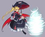  animal_themed_umbrella black_umbrella blazblue blonde_hair bow gothic_lolita hair_bow heel-less_platform_footwear highres lolita_fashion long_hair nago platform_footwear rachel_alucard red_bow red_eyes red_wings s-no shoes solo twintails umbrella wings 