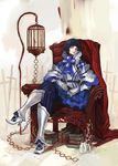  armchair armor ascot birdcage black_hair blue_eyes bow cage chair copyright_request crossed_legs gauntlets high_heels pantyhose shoes short_hair sitting skirt solo striped striped_legwear v8 vertical-striped_legwear vertical_stripes 