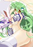  ayasaki_saura blush detached_sleeves foreshortening frog gohei green_hair hair_ornament kochiya_sanae long_hair open_mouth oppai oshiri shitapai snake solo takeda_aranobu thighhighs touhou yellow_eyes 