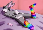  balls bed butt chastity_cage cock_sock lagomorph lube male mammal nude penis pink_bottomwear presenting rabbit rainbow rainbow_legwear shiuk small_penis snugglebunny_(character) socks solo spread_butt spreading stated_homosexuality striped_legwear thong underwear 