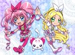  blonde_hair blue_eyes boots braid brooch cat choker cure_melody cure_rhythm curly_hair dress frills green_eyes hair_ribbon hairband happy heart houjou_hibiki hummy_(suite_precure) jewelry lace long_hair magical_girl minamino_kanade multiple_girls musical_note pink_hair pink_legwear precure ribbon shoes smile star_line suite_precure symmetry thighhighs twintails wrist_cuffs 
