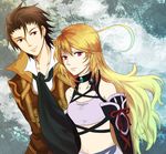  1girl ahoge akada_kamono alvin_(tales) blonde_hair blue_hair brown_eyes brown_hair choker coat collar cravat crop_top gloves gradient_hair long_hair messy_hair milla_maxwell multicolored_hair red_eyes smile tales_of_(series) tales_of_xillia 