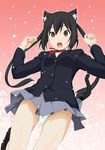  andou_tomoya animal_ears black_hair brown_eyes cat_ears cat_tail jumping k-on! long_hair nakano_azusa open_mouth panties pantyshot polka_dot polka_dot_panties ribbon school_uniform solo tail twintails underwear very_long_hair 