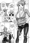  1girl artist_request blush breasts cleavage comic crotch_seam greyscale large_breasts monochrome panties panties_under_pantyhose pantyhose sweat training_guidance underwear 