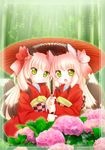 :&lt; :o animal_ears bad_id bad_pixiv_id bamboo bamboo_forest bell blonde_hair fang flower forest fox_ears fox_tail green_eyes hair_bell hair_ornament hair_ribbon hanakomiti japanese_clothes kimono multicolored_hair multiple_girls nature open_mouth oriental_umbrella original red_kimono ribbon siblings sisters tail translation_request twins twintails two-tone_hair umbrella yukata 