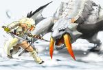  armor barioth barioth_(armor) battle capcom dual_wielding fangs monster monster_hunter monster_hunter_portable_3rd sword weapon white_hair 