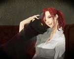  animal aozaki_touko bad_id bad_pixiv_id cat earrings eyelashes jewelry kara_no_kyoukai kurage lips long_hair necklace petting ponytail red_eyes red_hair short_hair smile translucent 