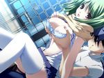  both_genders breast_grab from_behind green_hair open_mouth oppai tagme thighhighs 