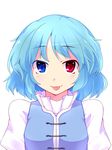  :p batsu blue_eyes blue_hair blush close-up heterochromia red_eyes short_hair simple_background solo tatara_kogasa tongue tongue_out touhou upper_body white_background 