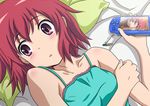  anime_coloring bare_shoulders bed_sheet blush dress face frilled_dress frills handheld_game_console holding_arm kushieda_minori lying open_mouth pillow playing_games playstation_portable purple_eyes red_hair short_hair solo toradora! translated wingheart 