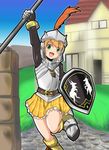  :d arm_up armor armored_dress belt blonde_hair boots bracelet cecile_(suikoden) day deer feathers gensou_suikoden gensou_suikoden_iii gloves green_eyes happy helmet highres house jewelry knight mukuroi open_mouth orange_skirt shield short_hair skirt sky smile solo 