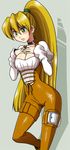  blonde_hair blush bodysuit breasts cleavage cosplay ephemeral_fantasia final_fantasy final_fantasy_ix garnet_til_alexandros_xvii green_eyes long_hair ponytail rummy shiny shiny_clothes skin_tight skintight 