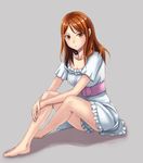  alternate_hairstyle anjou_naruko ano_hi_mita_hana_no_namae_wo_bokutachi_wa_mada_shiranai. bad_id bad_pixiv_id bare_legs barefoot belt brown_eyes brown_hair chiko_(kanhogo) collarbone dress full_body hair_down long_hair simple_background sitting solo 