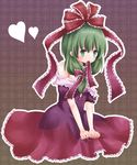  bare_shoulders bow dress frills front_ponytail green_eyes green_hair hair_bow hair_ribbon heart kagiyama_hina mouth_hold off_shoulder ribbon satoimoya solo touhou 