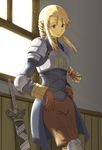  agrias_oaks armor armored_dress blonde_hair blush braid breasts final_fantasy final_fantasy_tactics gloves grey_eyes groin highres long_hair shishio_(artist) sidelocks single_braid small_breasts solo sword weapon 