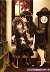  2girls back book brown_hair chair clock eyes_closed grandfather_clock library long_hair long_skirt looking_back megane open_mouth pantyhose red_eyes rocking_chair school_bag school_uniform serafuku shoes sitting skirt sleeping socks window 