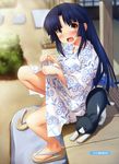  blue_hair blush cat high_res hime_cut japanese_clothes kazuma_muramasa legs long_hair open_mouth sandals sitting yellow_eyes yukata 