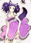  animal_ears armpits bare_shoulders bug butterfly dress flower fox_ears hair_flower hair_ornament insect purple_dress purple_hair solo tail tearfish third-party_edit tiara 