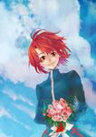  birthday bouquet breakblack cloud day flower highres leaf male_focus mao_(tales) red_eyes red_hair shirt sky smile solo tales_of_(series) tales_of_rebirth 