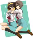  aqua_skirt brown_hair duplicate kita_high_school_uniform long_sleeves multiple_girls nagato_yuki school_uniform serafuku short_hair skirt suzumiya_haruhi suzumiya_haruhi_no_yuuutsu takano_saki 