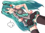  green_eyes green_hair hand_on_hip hatsune_miku long_hair mkcrf necktie one_eye_closed open_mouth simple_background skirt solo thighhighs twintails very_long_hair vocaloid 