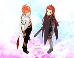  asch copyright_name fingerless_gloves gloves green_eyes long_hair luke_fon_fabre male_focus multiple_boys red_hair ri_(6916) surcoat sword tales_of_(series) tales_of_the_abyss weapon 