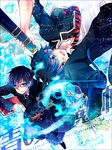  :o ao_no_exorcist belt black_jacket blue_fire brothers buckle coat collarbone fire flaming_sword highres jacket kokonoe_miya looking_at_viewer male_focus multiple_boys necktie okumura_rin okumura_yukio open_clothes open_jacket open_mouth pointy_ears red_neckwear scabbard sheath shirt siblings tail tail-tip_fire unsheathed white_shirt 