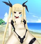  armlet bare_shoulders beach blazblue blonde_hair breasts choker day frills groin hair_tubes long_hair navel ocean rachel_alucard red_eyes seraphina small_breasts solo swimsuit thigh_strap twintails 