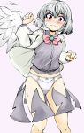  1girl angel_wings bangs belt blouse blush bow bow_panties bowtie brooch clenched_hands closed_mouth cowboy_shot eyebrows_visible_through_hair grey_hair hands_up highres inverted_costume jacket jewelry kishin_sagume long_sleeves looking_at_viewer mepikari open_clothes open_jacket panties pink_background purple_panties purple_skirt red_eyes short_hair simple_background single_wing skirt solo standing suit_jacket tearing_up touhou underwear white_wings wings 