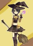  black_hair broom brown_eyes candy chiaki-happy detached_sleeves elbow_gloves fingerless_gloves gloves halloween hat lollipop navel short_hair sleeveless smile striped_thighhighs thighhighs witch_hat 