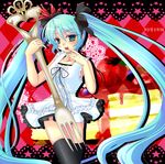  aqua_eyes aqua_hair bow cake dress finger_to_mouth food fork hair_bow hair_ribbon hal_(harun) hatsune_miku long_hair oversized_object ribbon solo thighhighs tongue twintails very_long_hair vocaloid world_is_mine_(vocaloid) 