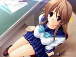  brown_hair chair from_above game_cg iizuki_tasuku kusumiya_sayaka loafers long_hair looking_up school_uniform serafuku sitting smile temptation temptation_2 thighs 