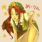  bent_over beret blue_eyes bow braid breasts character_name china_dress chinese_clothes dress hair_bow hand_on_hip hat hong_meiling large_breasts long_hair one_eye_closed red_hair side_slit smile solo sonia_chloe star touhou twin_braids 