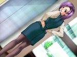  casual_romance_club hands_on_hips houkago_ren-ai_club looking__over_shoulder looking_at_viewer purple_eyes purple_hair short_hair striped_shirt 