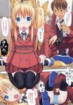  1girl animal_ears bdsm blonde_hair blue_eyes blush blush_stickers bondage bound comic copyright_request fake_animal_ears flying_sweatdrops fox_ears fox_tail highres panties rope school_uniform tail takayaki thighhighs translated underwear 