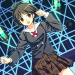  antenna_hair blazer brown_eyes brown_hair dutch_angle highres idolmaster idolmaster_(classic) jacket kikuchi_makoto looking_back plaid plaid_skirt school_uniform school_wear_(idolmaster) short_hair skirt smile solo stage_lights yuuki_keisuke 