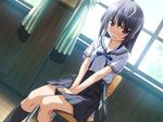  angry ashita_no_kimi_to_au_tame_ni blush cg chair clenched_teeth dutch_angle eroge game_cg gray_hair izumi_saya kneehighs kurashima_tomoyasu long_hair purple_eyes school_uniform serafuku sitting skirt solo tagme 