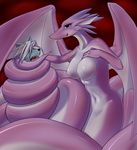  black_eyes black_nose blush breasts canine choking coiling coils dragon female forked_tongue grey_skin hair hybrid long_tail mammal noah_(artist) nude open_mouth purple_body purple_scales purple_skin reptile saliva scalie shiny snake squeezing tail tongue tongue_out white_hair wings wrapped 