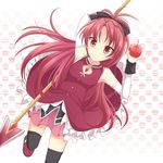  apple bad_id bad_pixiv_id food fruit holding holding_food holding_fruit kaname_ihnk long_hair mahou_shoujo_madoka_magica polearm ponytail red_eyes red_hair sakura_kyouko solo spear thighhighs weapon 