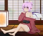  akikaze_shuu alternate_hairstyle animal_ears bare_legs bare_shoulders barefoot feet hair_ornament hair_up hairpin highres japanese_clothes kimono light_smile looking_at_viewer mystia_lorelei off_shoulder pink_eyes pink_hair short_hair sitting solo toes touhou wings 