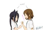  animal_ears black_hair brown_hair cat_ears clenched_hand hirasawa_yui k-on! long_hair multiple_girls nakano_azusa official_style rock_paper_scissors school_uniform short_hair suan_ringo translated twintails |_| 