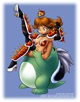  armor belly bent_over blush brown_hair cleavage collar crown curvaceous devouring eating hat high_heels looking_down navel princess princess_daisy saliva spikes super_mario_world tagme turtle vore waki wide_hips worried 