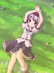  :o arms_up belt black_skirt field grass hat looking_at_viewer neki-t open_mouth outdoors puffy_short_sleeves puffy_sleeves red_eyes shameimaru_aya shirt short_hair short_sleeves silver_hair skirt solo tokin_hat touhou white_shirt 