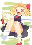  ascot black_dress blonde_hair blush child dress fang hair_ribbon jpeg_artifacts jumping mary_janes open_mouth outstretched_arms panties raado_(punipara) red_eyes ribbon rumia shoes shoes_removed single_shoe socks solo striped striped_panties touhou underwear upskirt white_legwear 